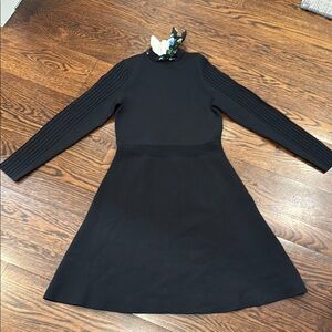 Sandro Black Long-Sleeve Dress with Floral Accent